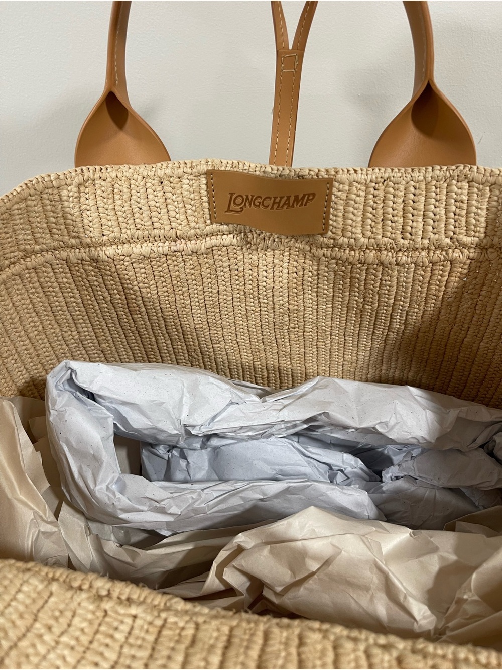 Woven Straw Tote with Tan Leather Handles - Picture 5 of 6